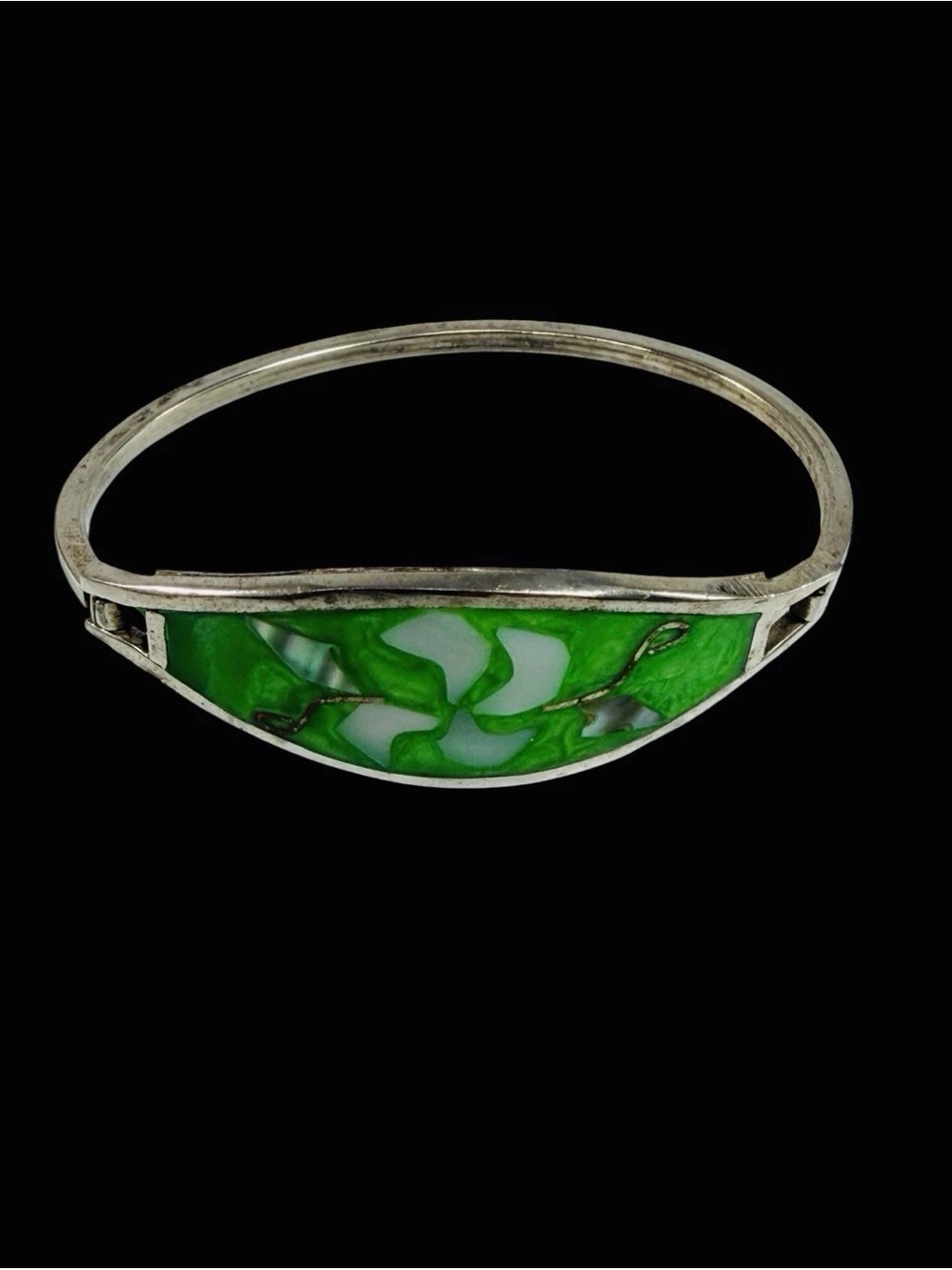 Vintage Mother of Pearl Green Inlay Floral Bangle Bracelet Alpaca Mexico Silver